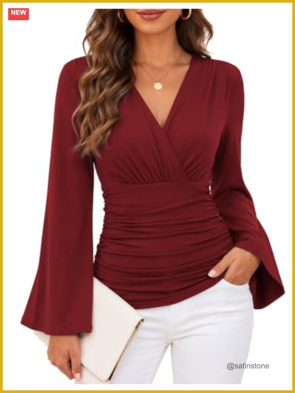 Women's Long Sleeve Wrap Blouse Ruched V-Neck Business Casual Dressy Top